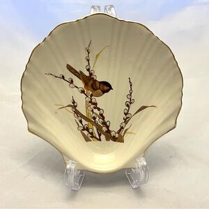 Otagiri Japan Plate Bird White Gold Accents Shell Shape Trinket Dish Vintage EUC